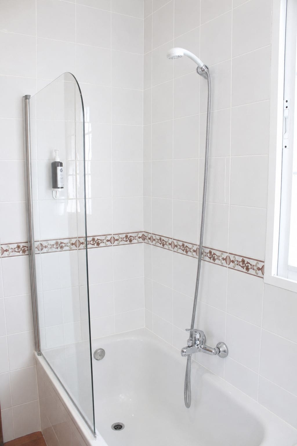 Een badkamer met een douchecabine van glas, een bad en een douchekop.