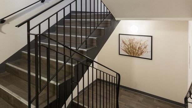Un escalier avec des rampes noires et des marches en bois.