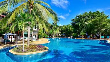 Outdoor pool, pool umbrellas, pool loungers