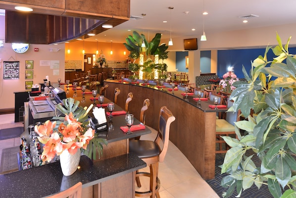 A restaurant with a curved counter, wooden chairs, and a large potted plant.