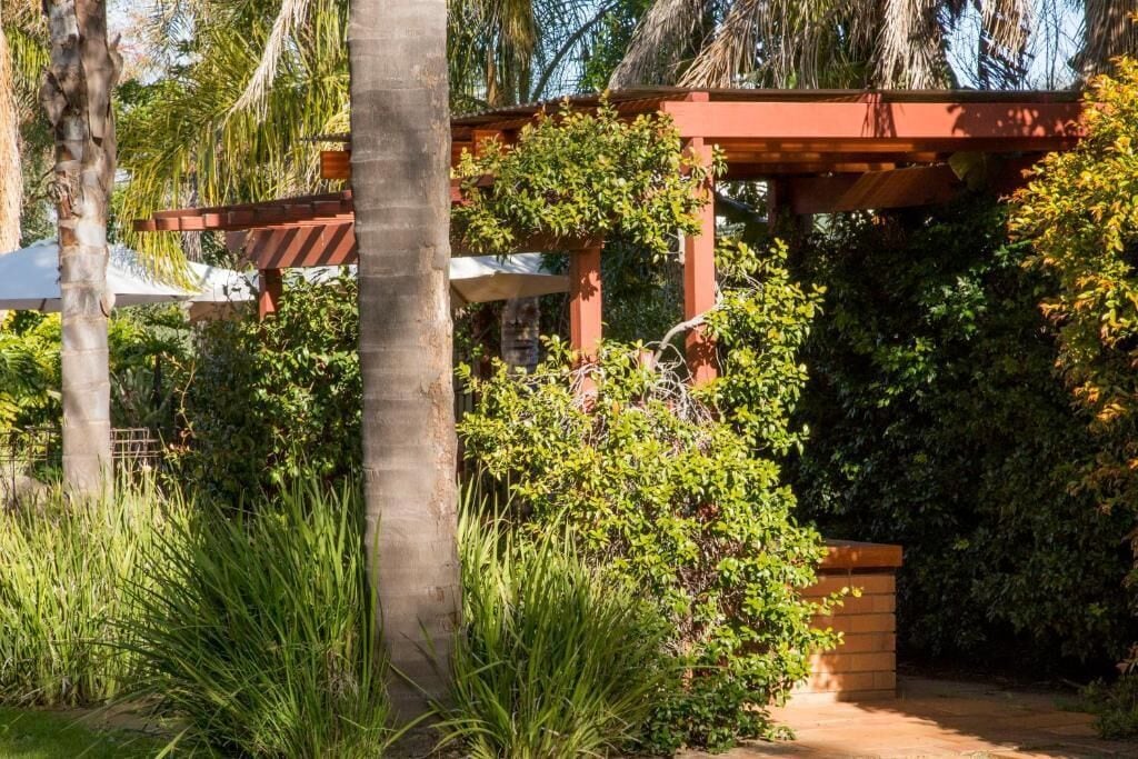 Un jardín con un porche de madera, palmeras y abundante follaje.