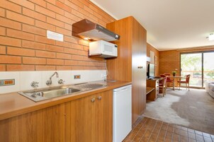 Fridge, coffee/tea maker, electric kettle, toaster