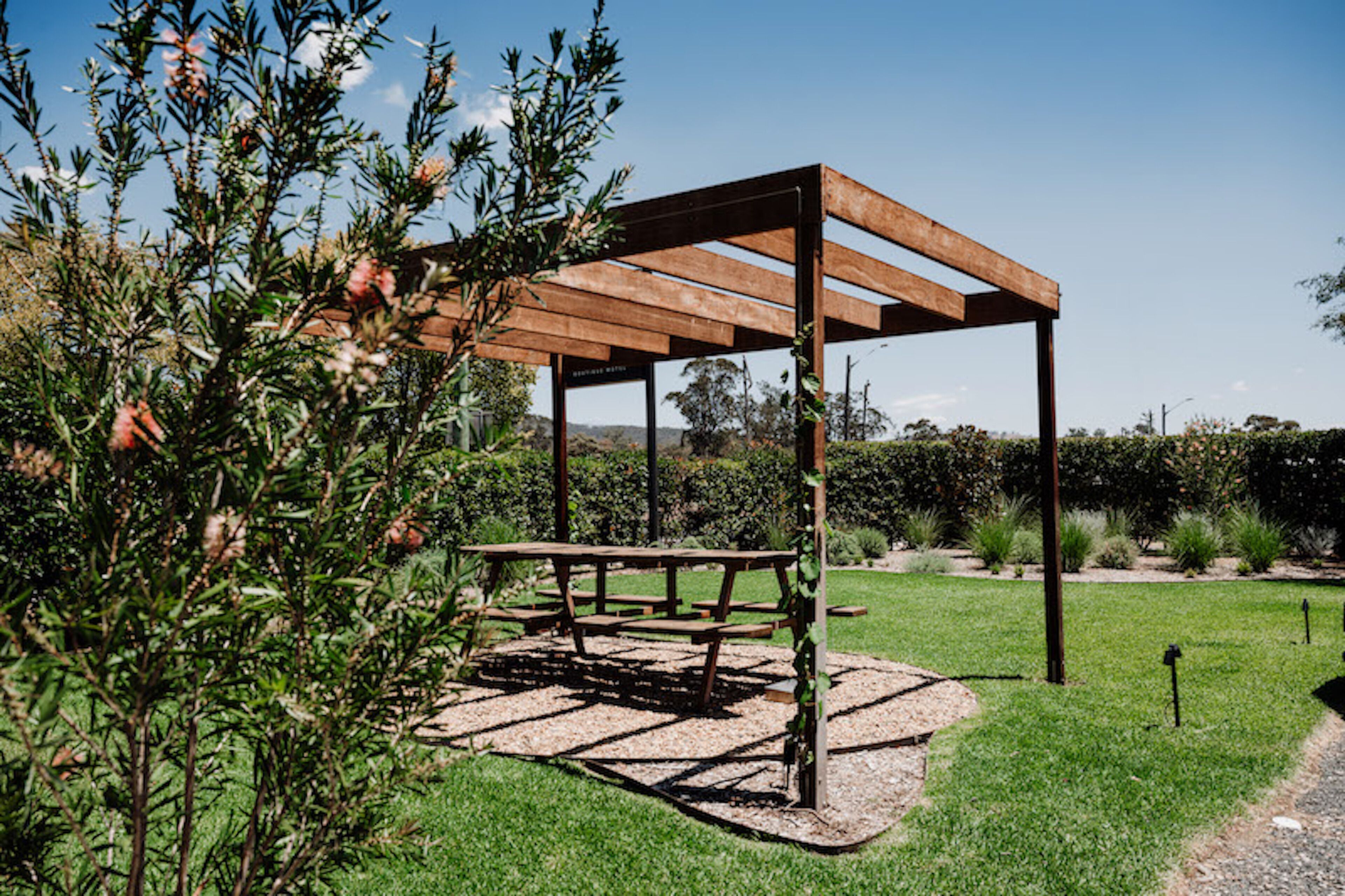 A wooden pergola with benches in a garden setting.