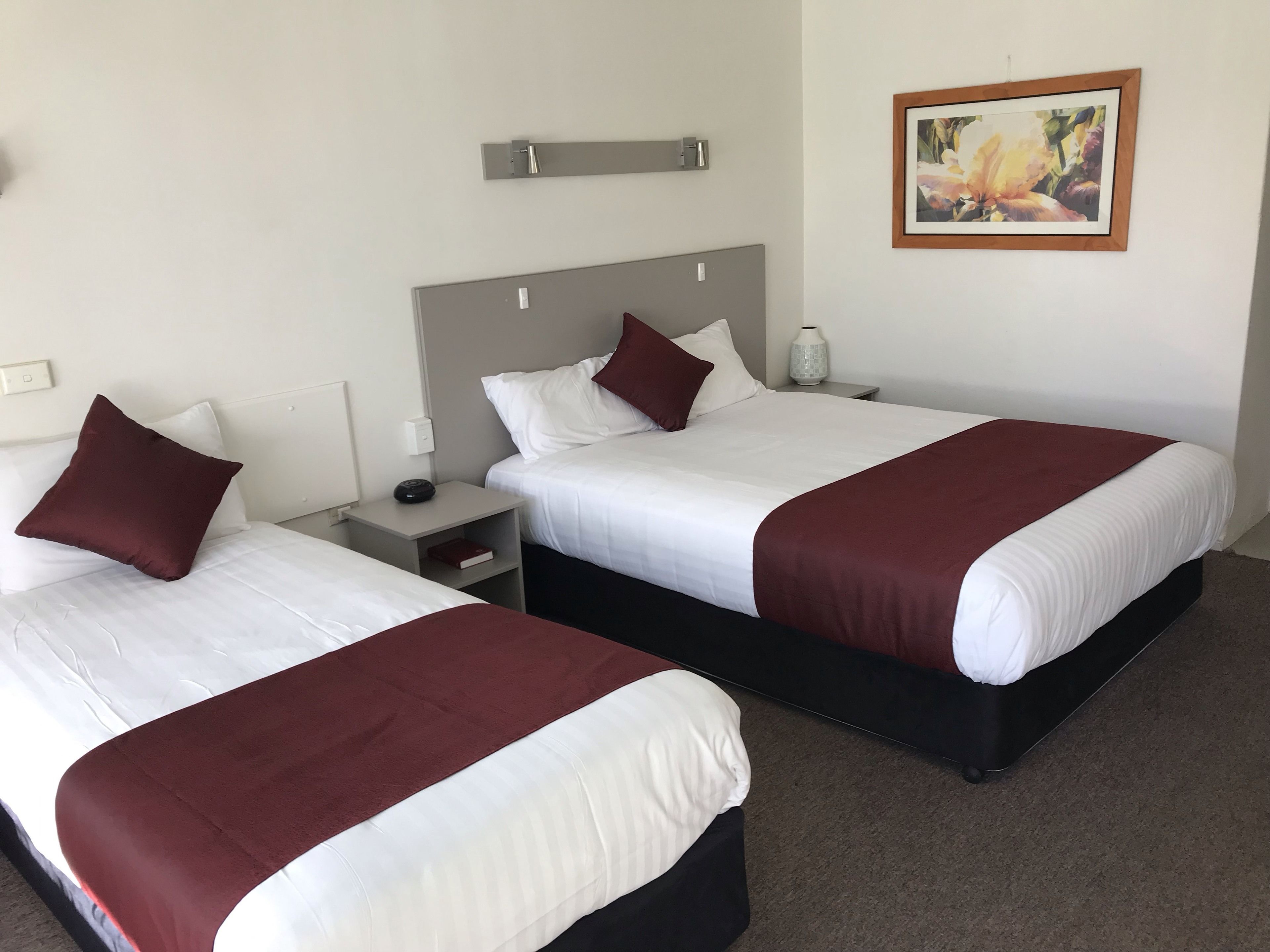 Two single beds with white linens and maroon pillows, a bedside table with a lamp, and a framed picture on the wall.
