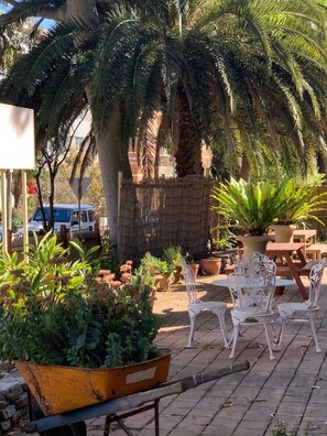 An outdoor seating area with white metal chairs and tables, surrounded by various potted plants and a palm tree. - Burwood Bed And Breakfast (Burwood)
