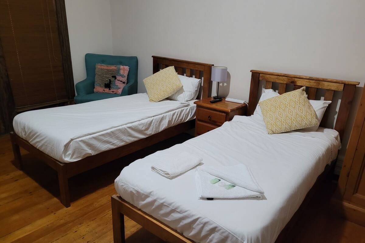 Two single beds with wooden frames, white linens, and patterned pillows. There is a wooden nightstand with a lamp between the beds.