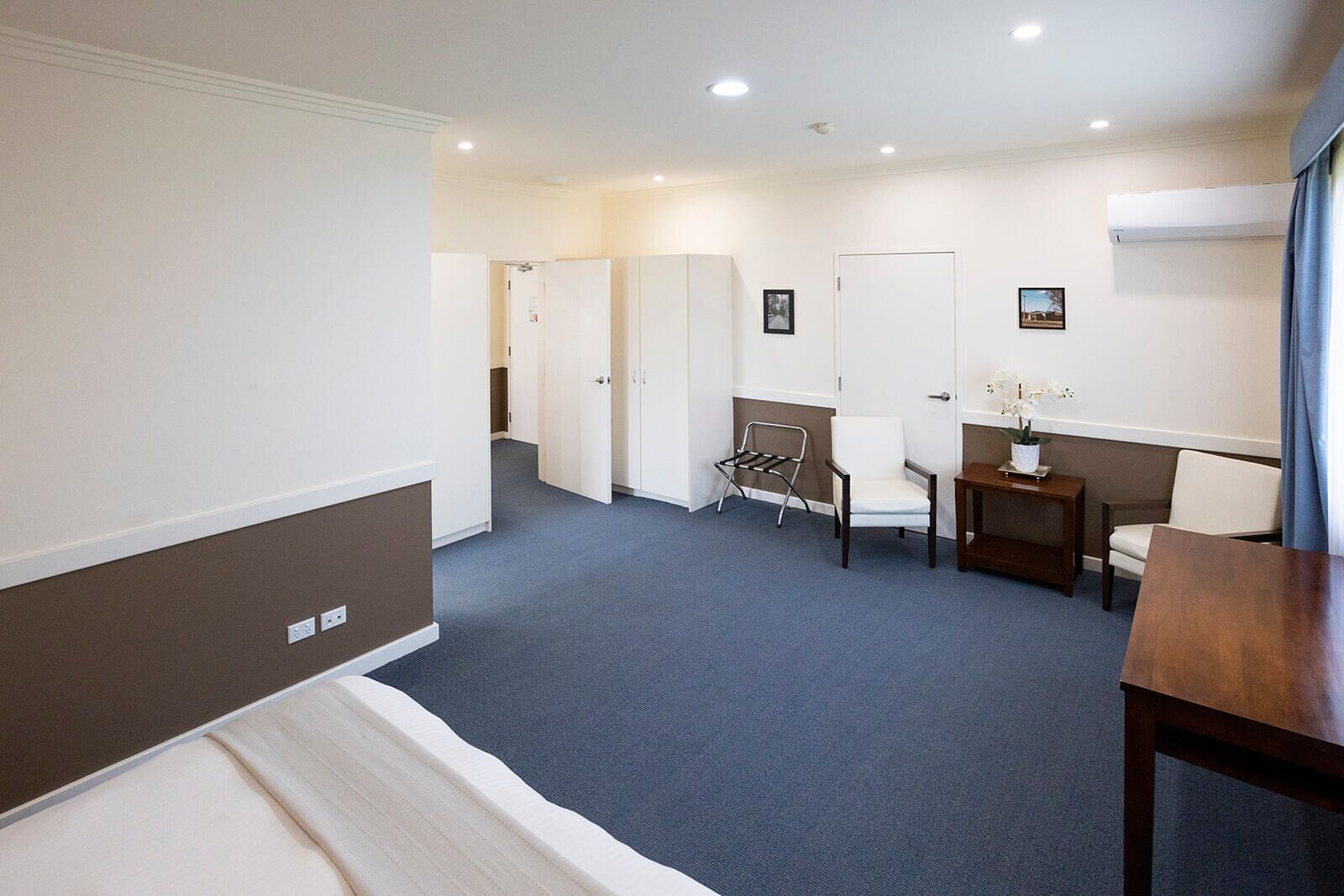 Habitación de hotel con cama, escritorio, silla y una pequeña mesa con planta en maceta.
