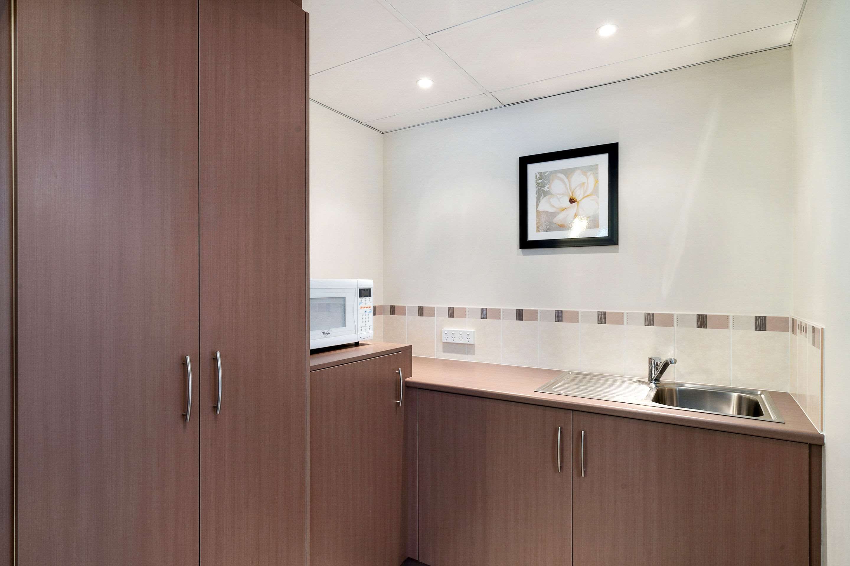 fridge, microwave, coffee/tea maker, electric kettle