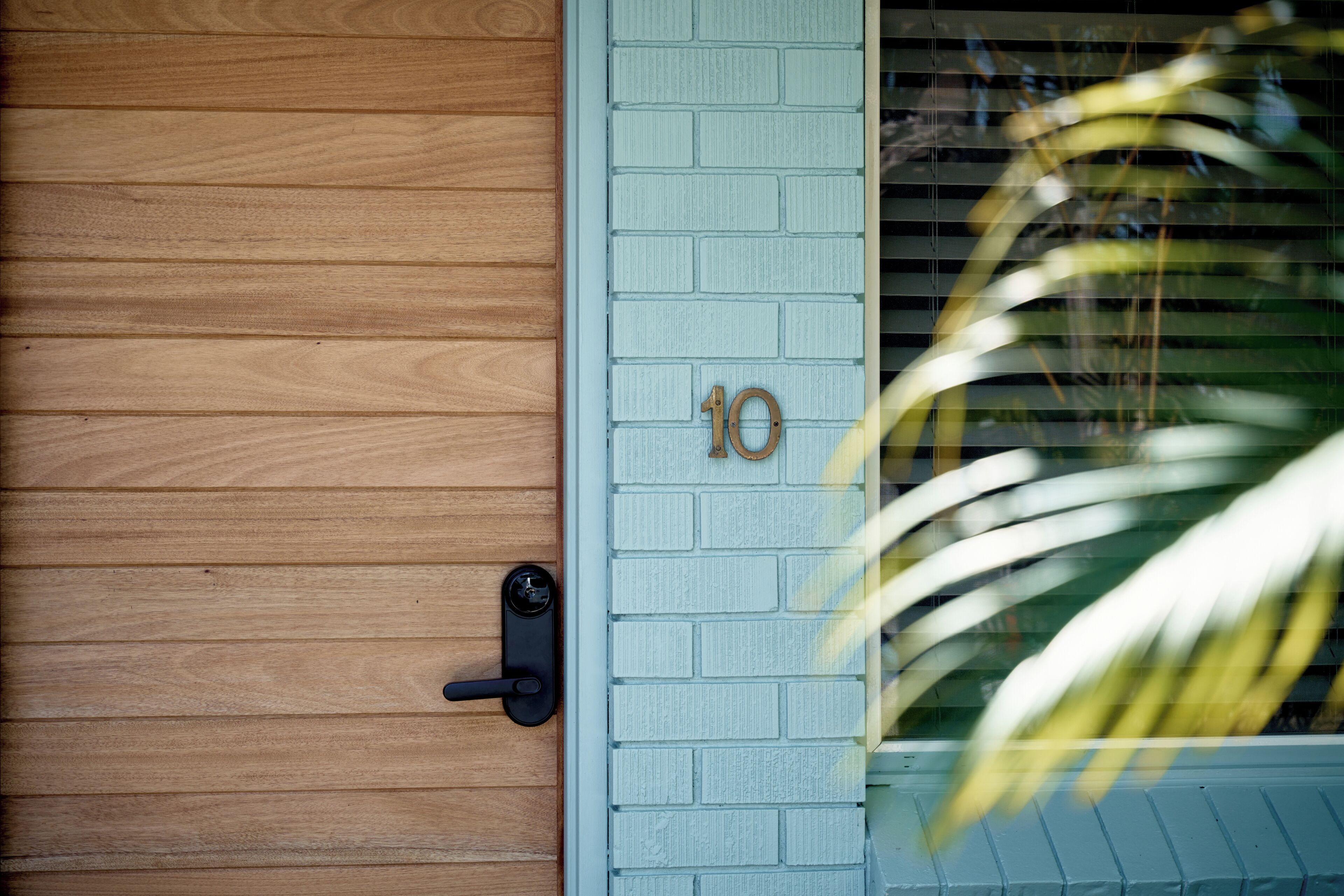 A wooden door with a number '10' on a light blue brick wall, a black door handle, and a window with blinds partially obscuring a plant.