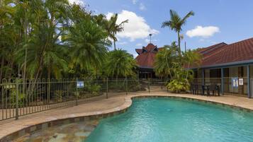 Outdoor pool, pool umbrellas, pool loungers