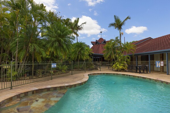 Outdoor pool, pool umbrellas, pool loungers