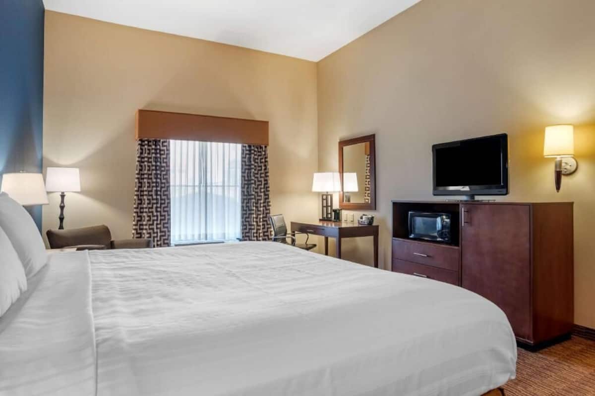 A hotel room with a large bed, a desk with a chair, a television, a microwave, and a wardrobe.