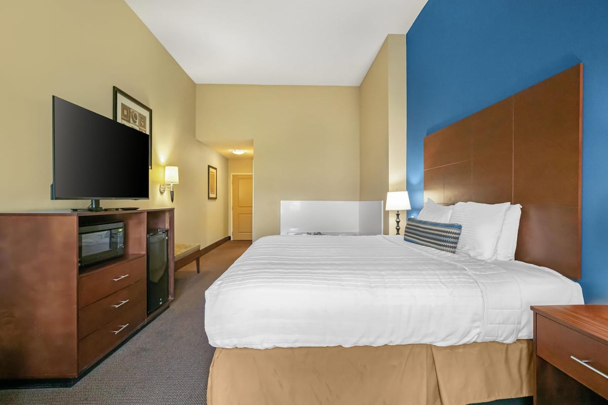A hotel room with a large bed, a TV, a desk, and a lamp.