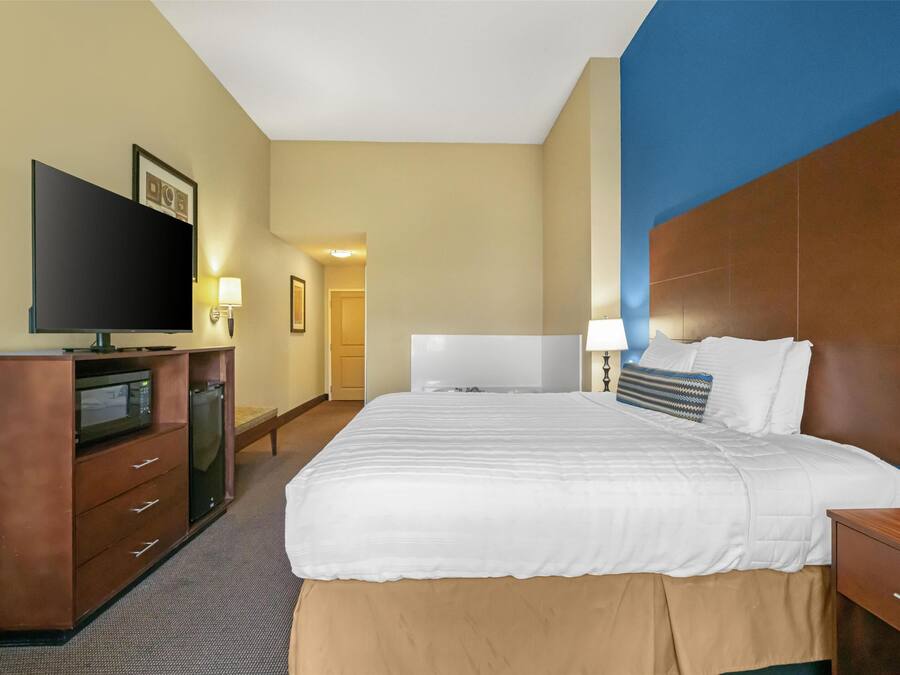 Habitación de hotel con una cama grande, televisión, escritorio y lámpara.