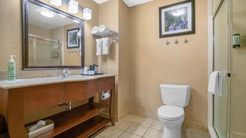 A bathroom with a large mirror, a sink, a toilet, and a shower area.
