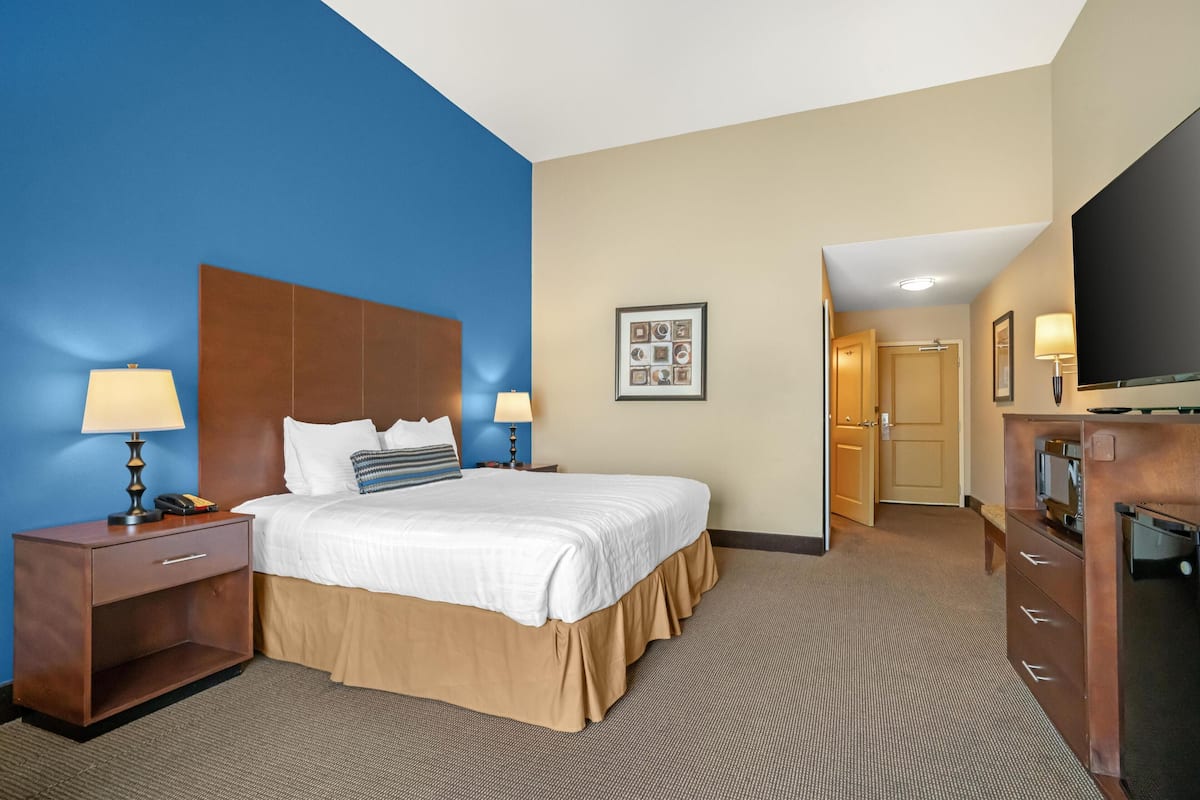 A hotel room with a large bed, two bedside tables with lamps, a flat-screen TV, a minibar, and a door leading to a bathroom.