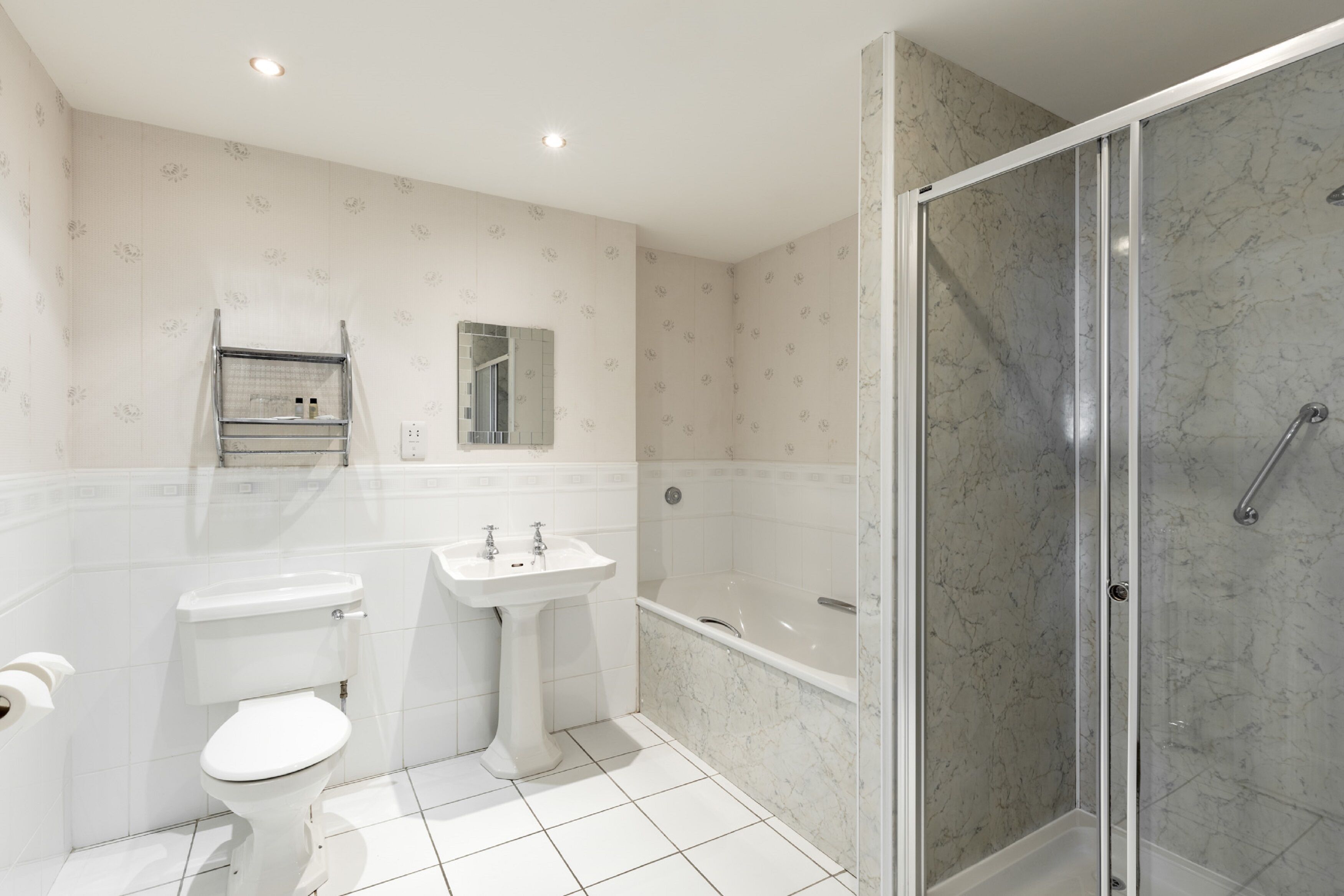 combined shower/bathtub, free toiletries, hair dryer, towels