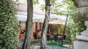 Un espacio al aire libre con mesas y sillas, rodeado de árboles y plantas en macetas.