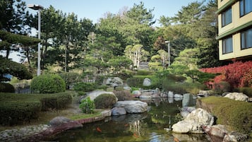 A serene garden with a pond, rocks, and various plants.