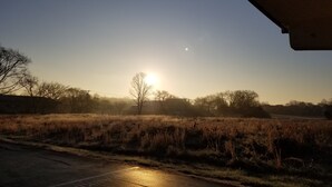 A rural landscape with a road, trees, and a clear sky.