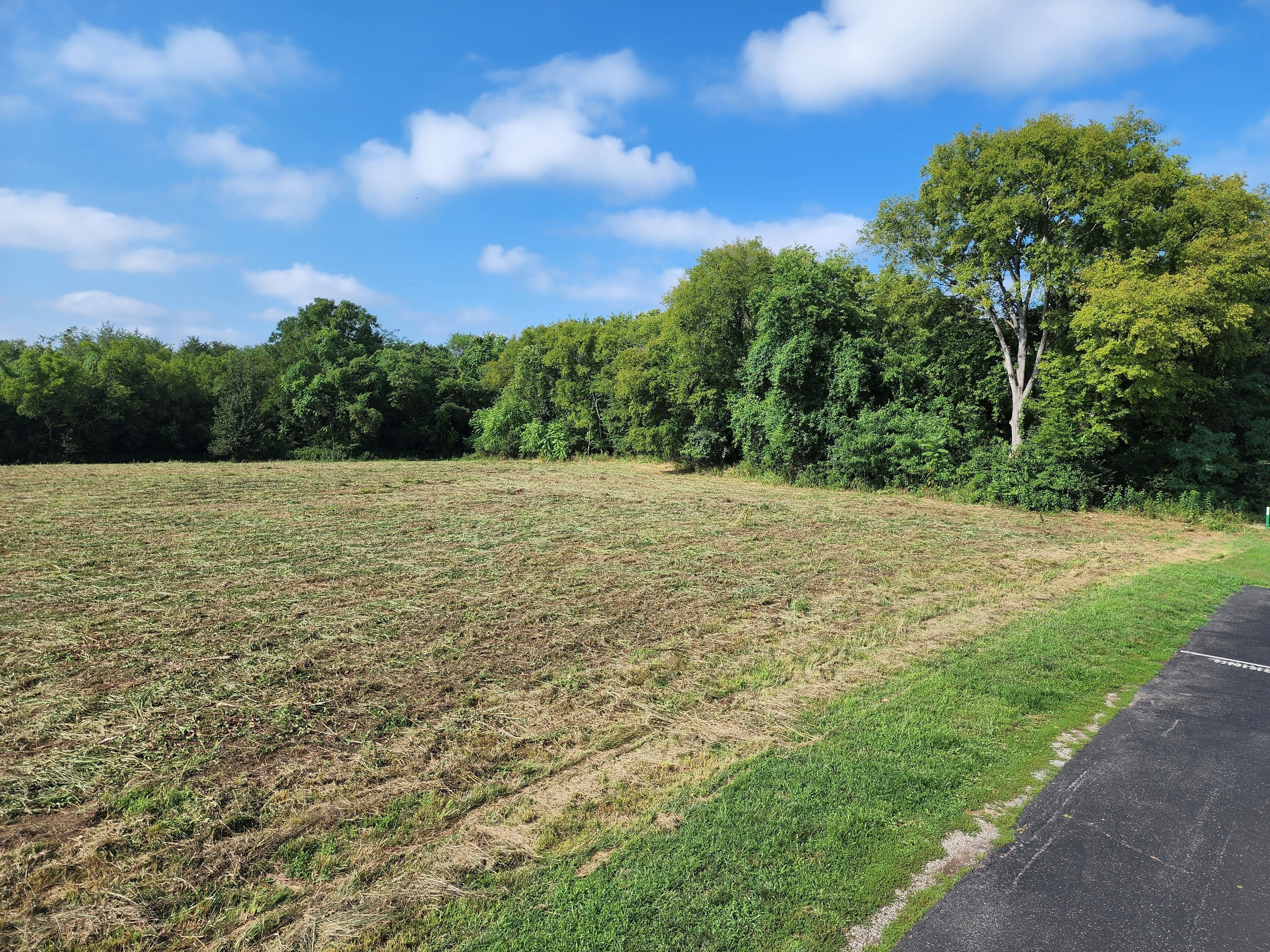 A field with a paved path alongside it.