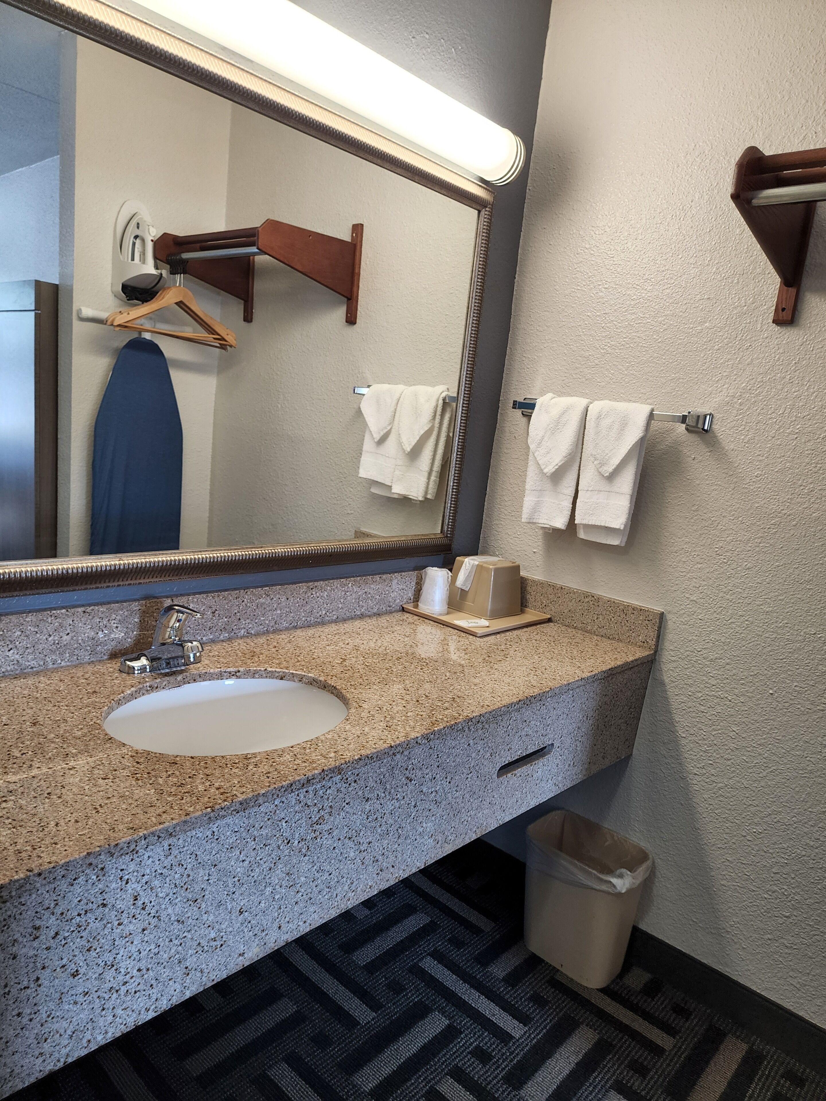 Une salle de bain avec un lavabo doté d’un plan de travail en granit, un miroir, un porte-serviettes et une poubelle.