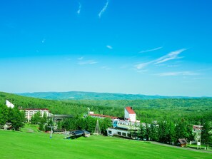 A hotel with multiple buildings, a large green lawn, and a view of the surrounding hills. - Rusutsu Resort Hotel & Convention (Rusutsu)