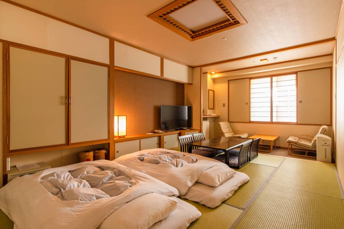 japanese style room, non smoking, for 2 people, north & south wing | 1 bedroom, in-room safe, free wifi, bed sheets