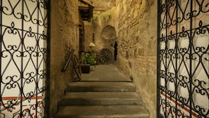 A narrow stone staircase with wrought iron gates on either side, leading to an arched doorway. - Hotel Posada de Don Rodrigo Antigua (Antigua Guatemala)