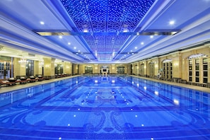 Indoor pool, outdoor pool, pool loungers