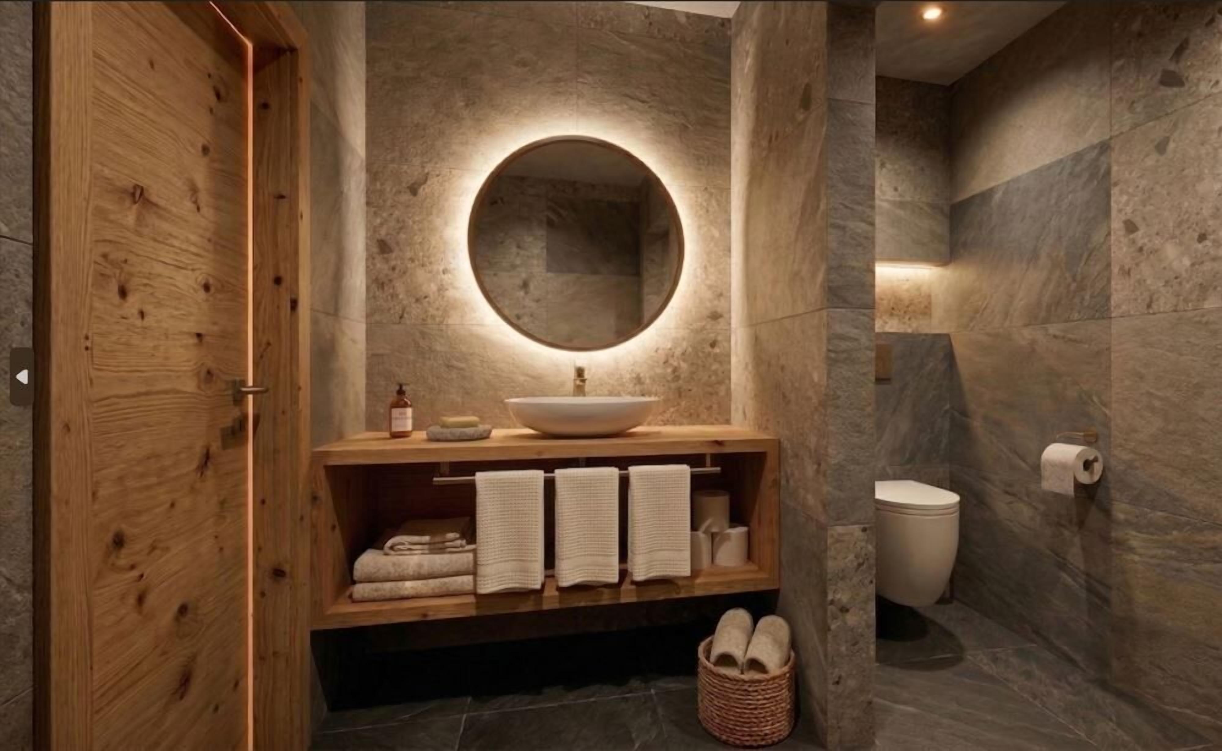 A bathroom with a wooden door, a round mirror, a sink with a vessel basin, a toilet, and a shelf with towels.