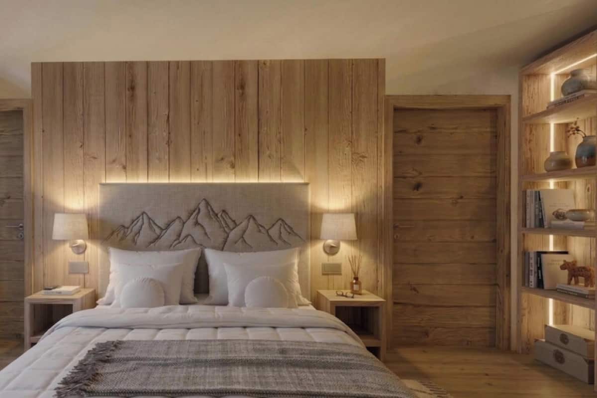 A bedroom with a wooden headboard, two bedside tables with lamps, a bed with white bedding, and a nightstand with a lamp.