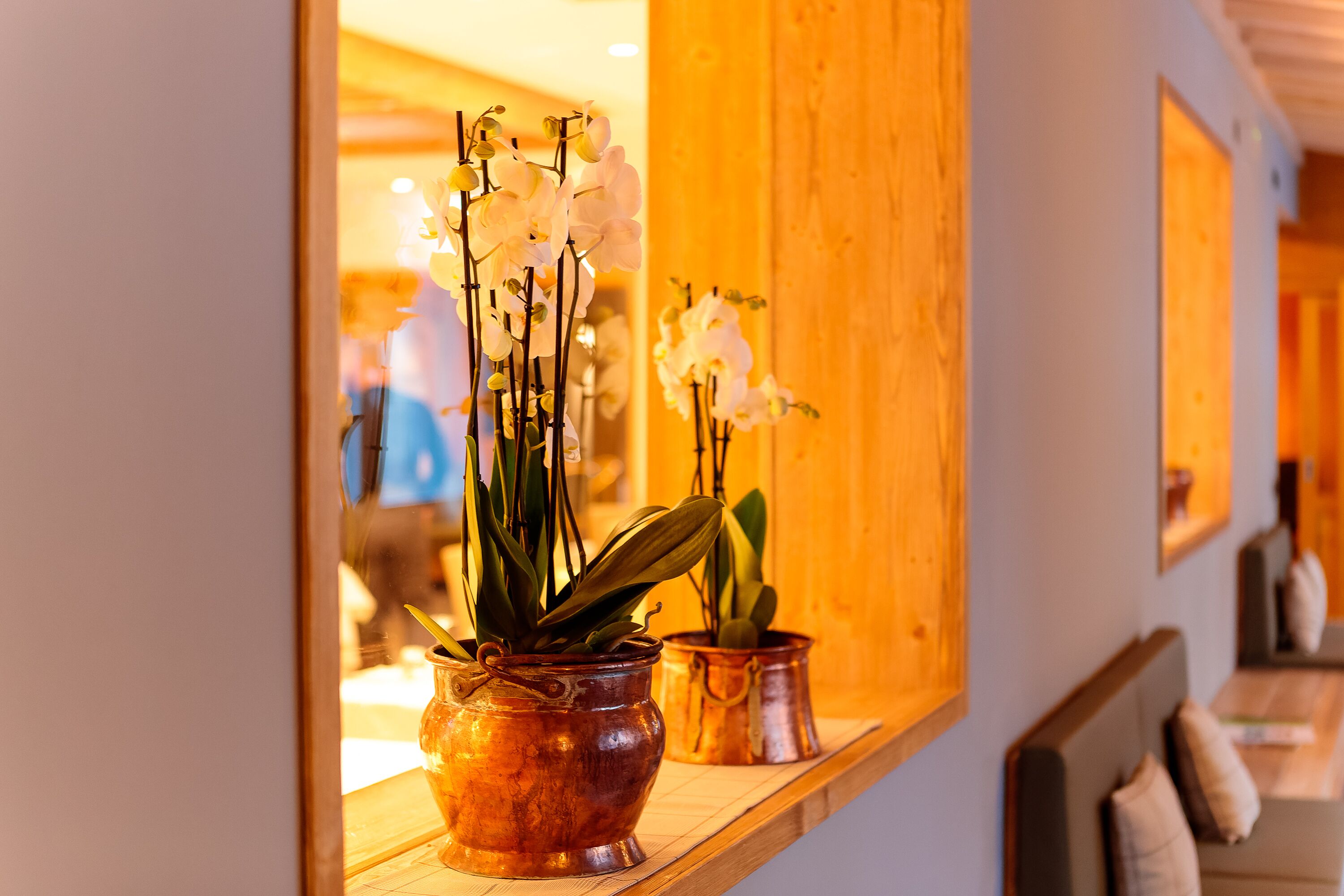 Une fenêtre avec deux pots en cuivre contenant des orchidées blanches.