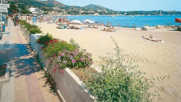 Une plage où des gens se prélassent au soleil, un ciel bleu dégagé et une vue sur la mer.