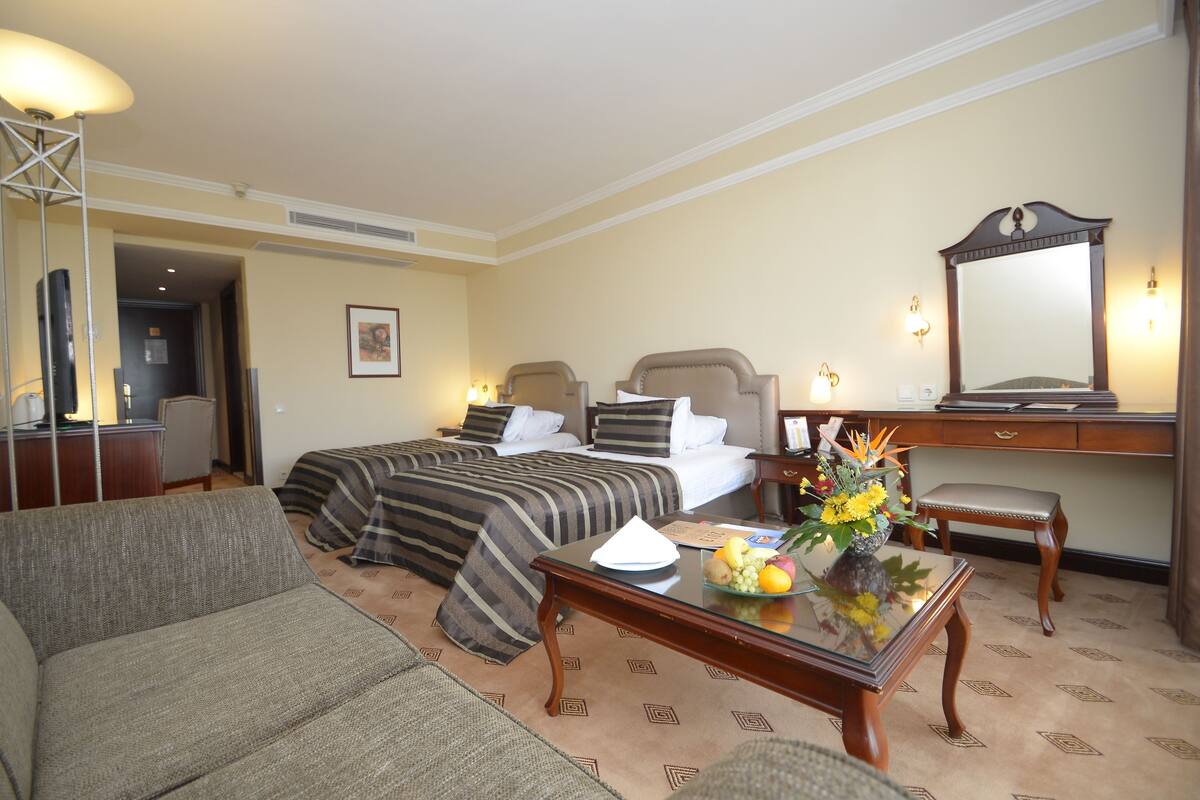 Una habitación de hotel con cama, sofá, escritorio y espejo.