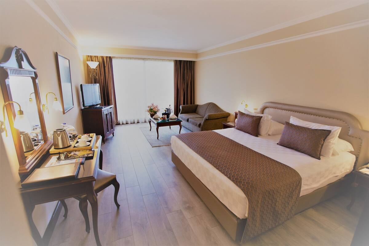 Una habitación de hotel con una cama grande, un escritorio con lámpara, televisión y vistas al exterior por la ventana.