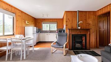 Flat-screen TV, fireplace, DVD player