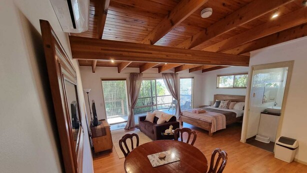 Amplia habitación con una mesa de comedor de madera, un sofá, una cama y un balcón con vistas a zonas verdes.