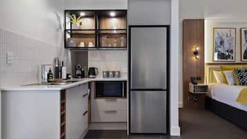 Fridge, microwave, coffee/tea maker, electric kettle