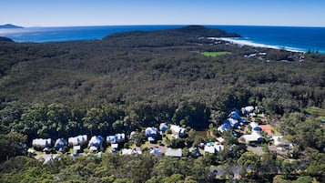 Vista aérea de una zona residencial con casas rodeadas de un bosque denso, una playa y un cielo azul despejado.
