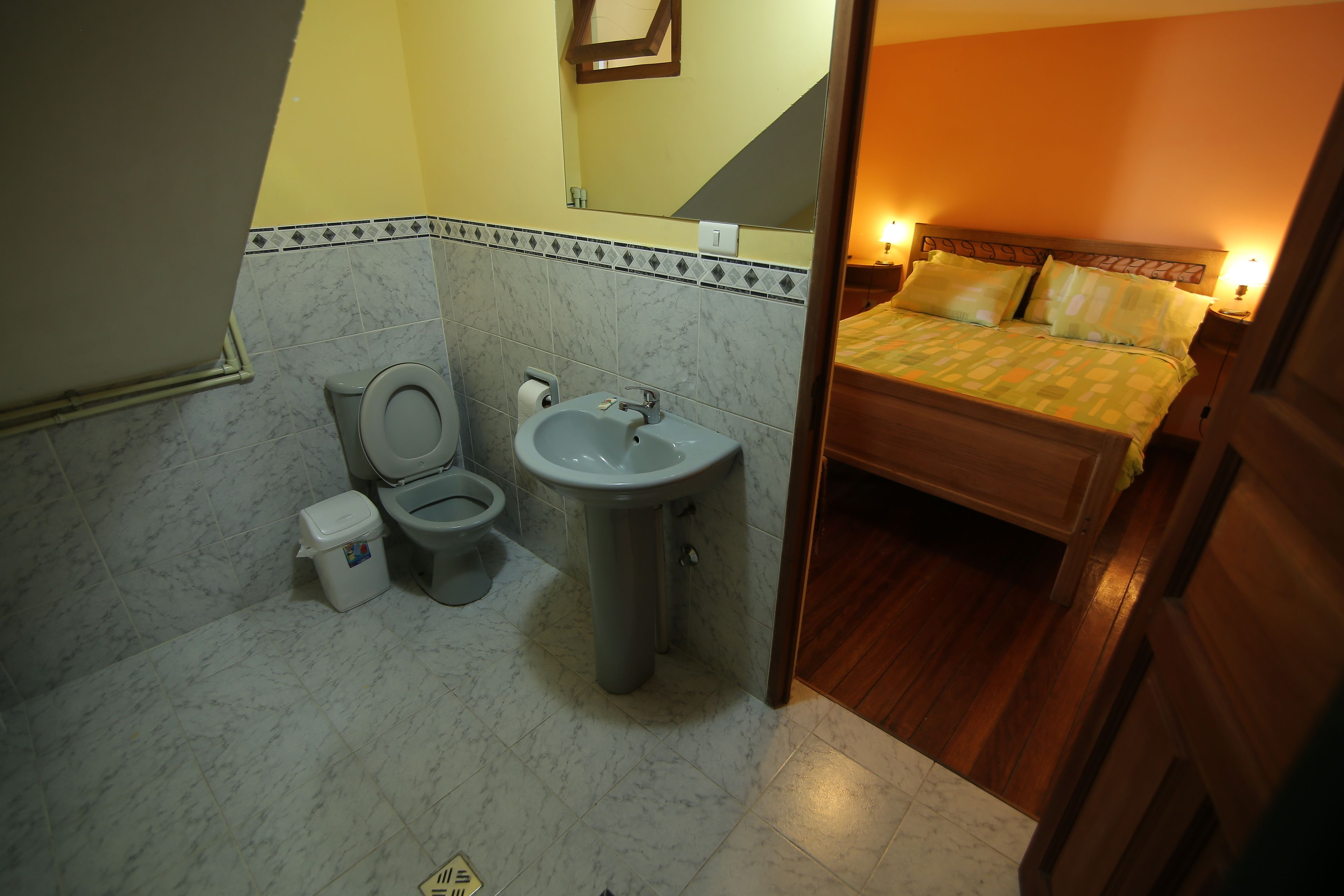 A bathroom with a toilet, sink, and a bed with a wooden headboard.