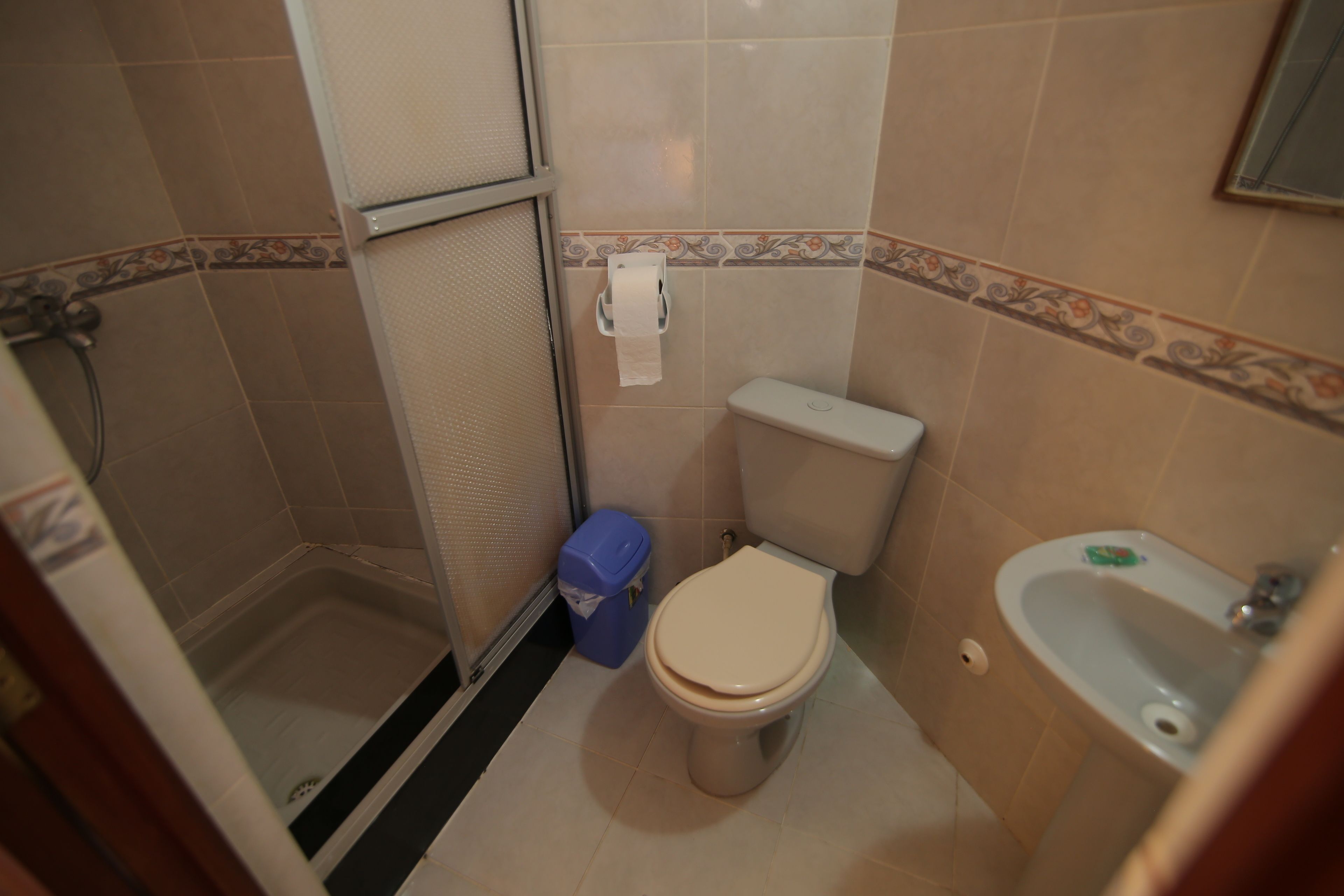 A small bathroom with a toilet, a shower, and a sink.