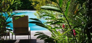 Una piscina al aire libre, sombrillas, sillones reclinables de piscina