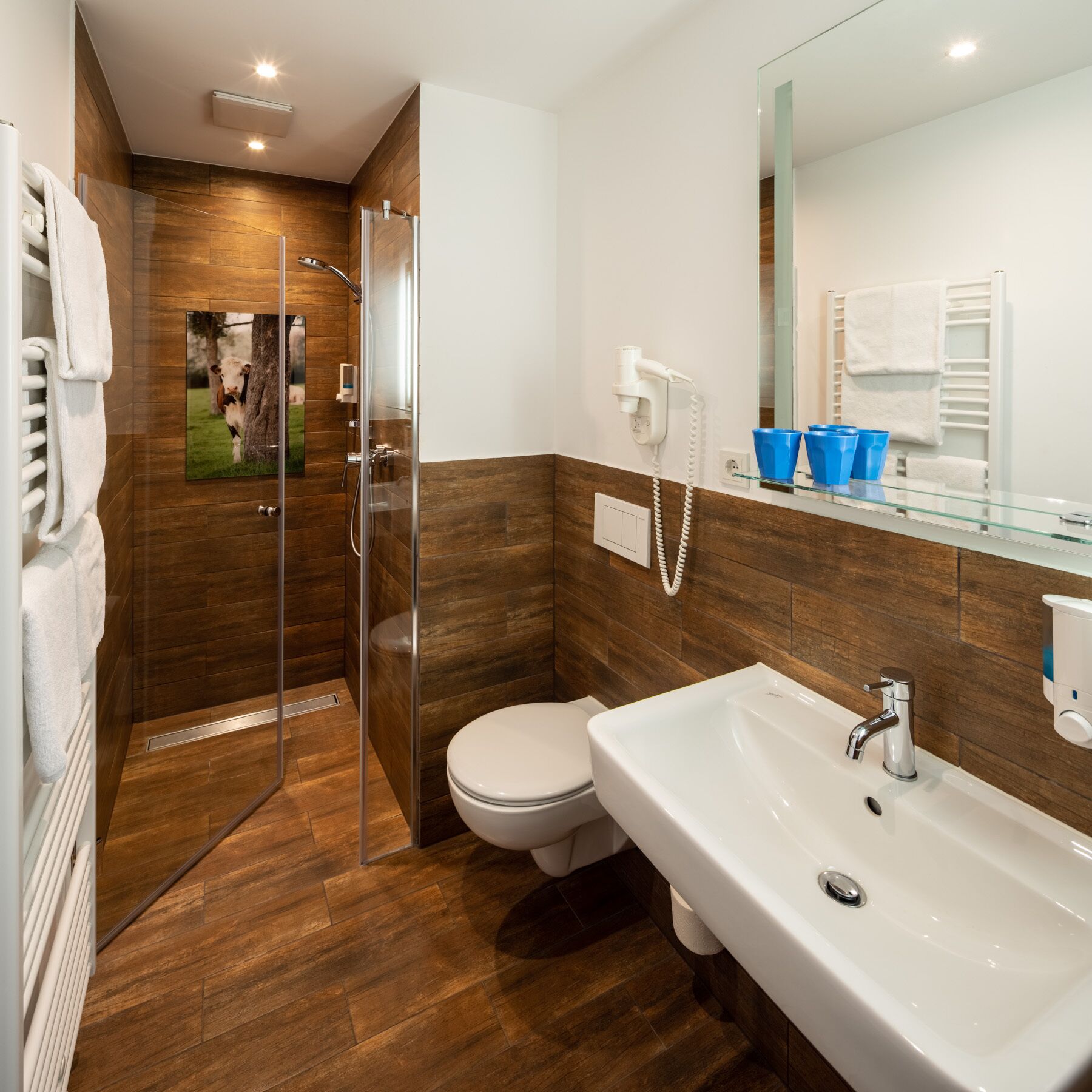 Ein modernes Badezimmer mit Duschkabine aus Glas, Toilette, Waschbecken und Spiegel.
