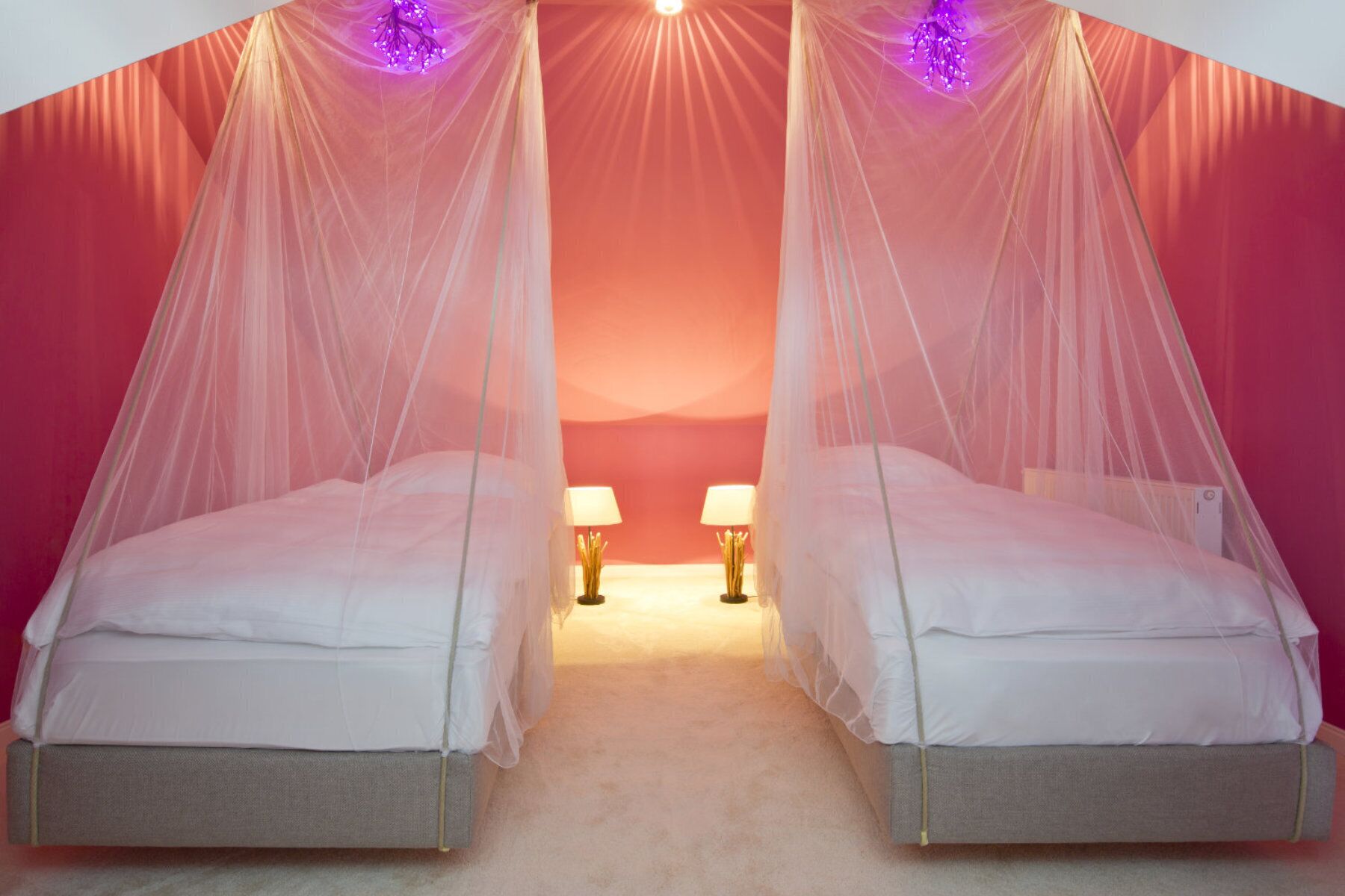 A bedroom with two beds, each with a canopy, and two bedside lamps.