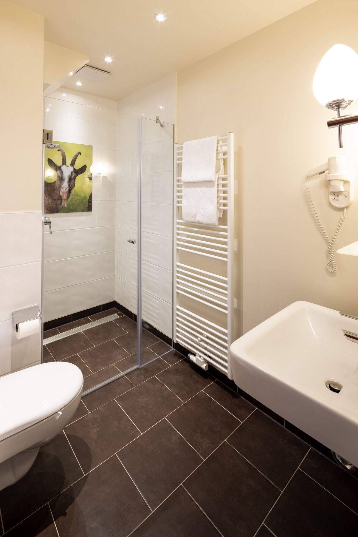 A modern bathroom with a toilet, shower, and sink.