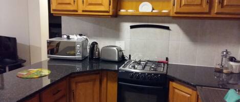 Kühlschrank, Mikrowelle, Herdplatte, Wasserkocher mit Kaffee-/Teezubehör