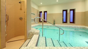 Un baño de hotel con un jacuzzi, una zona de ducha y una piscina.