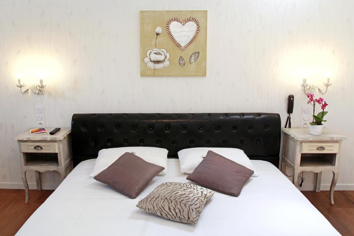 A neatly made bed with two brown pillows and a zebra-patterned pillow, flanked by two bedside tables with lamps, a wall-mounted artwork, and a potted plant.
