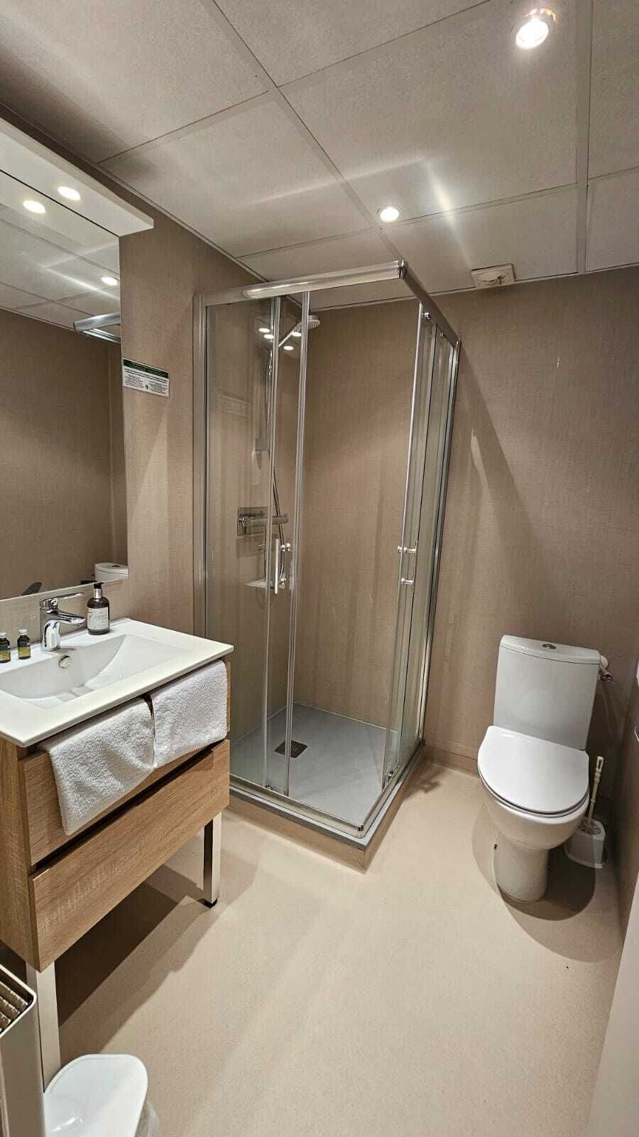 A modern bathroom with a glass-enclosed shower, a white sink, and a toilet.